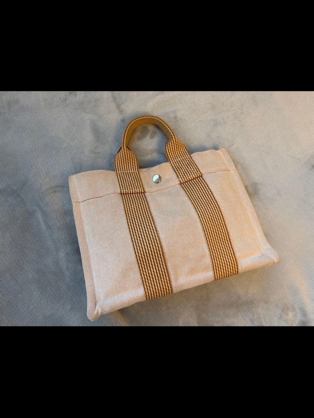 Hermes Canvas Tote with Tan Striped Handles - Beige